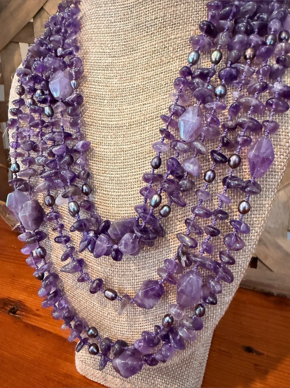 Vintage Amethyst Statement Cascading 6 Strand Necklace Gemstone Purple Pearl